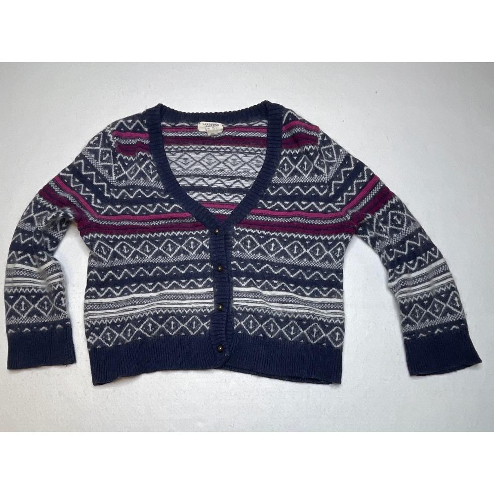 Lands End Women Cardigan Fair Isle Anchor Knit XS Navy Blue Pink